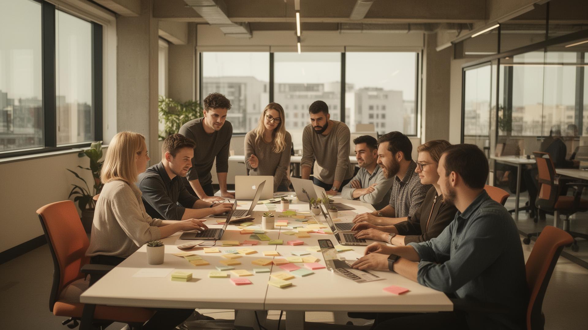 A team collaborating around a table covered with laptops and sticky notes in a bright modern workplace